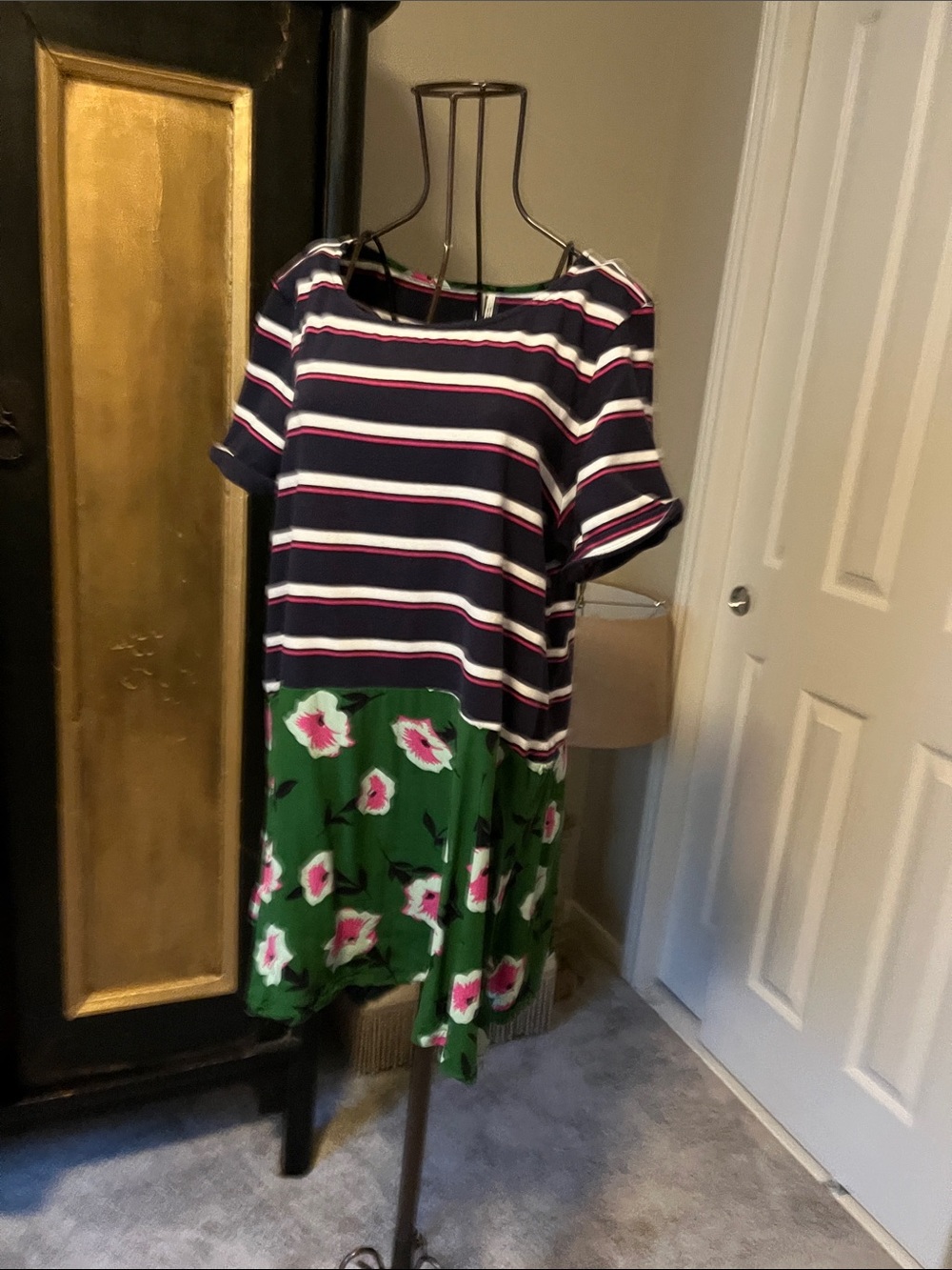 Anthropologie Navy, White & Pink Striped Top with Green Trim
